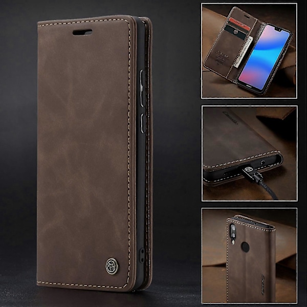 Til Huawei P20 Lite Caseme 013 Serie Simpel Kort Version Komfortabelt Læder Etui Rød[HK] Espresso Huawei P20 Lite (2018)
