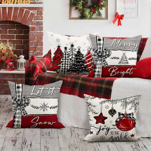 Julkuddfodral, 45x45 cm set om 4, kuddfodral i linne, julkuddfodral, julkuddfodral med snöflingedekor[YJD]