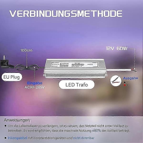 LED-driver 12V 60W, Vanntett utendørs driver med plugg, LED-strømforsyningsdriver 230V til DC12 Volt-adapter, EU[YJD] Silver