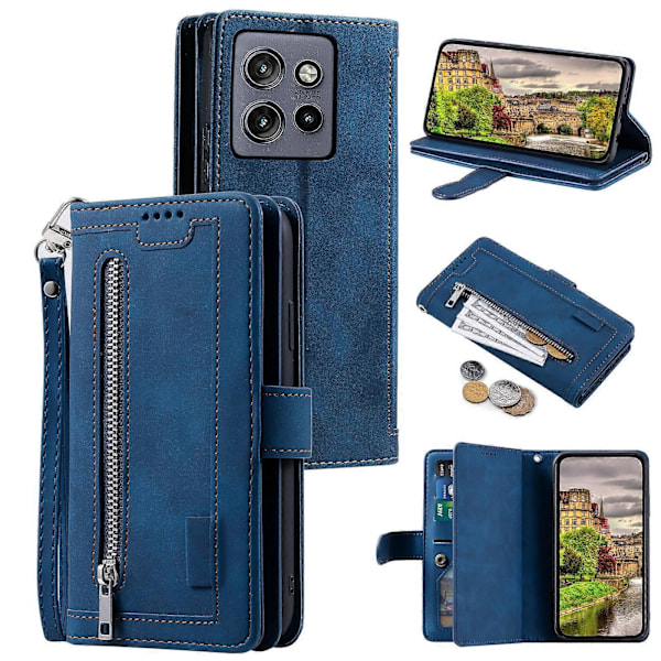 For Motorola Edge 50 Neo 5G Deksel PU Lær Telefondeksel med Glidelås Lommebok 9 Kortspor[HK] Blue