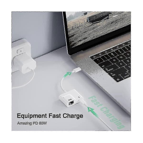 USB-C till Ethernet-adapter, USB Typ-C till RJ45 Gigabit Ethernet LAN-adapter med 60W laddare, för Pad/PC