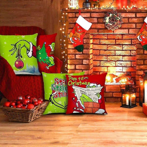 Festive 18x18\" Grinch julepudebetræk sæt med 4 - Holdbare, maskinvaskbare, perfekt julepynt![YJD]