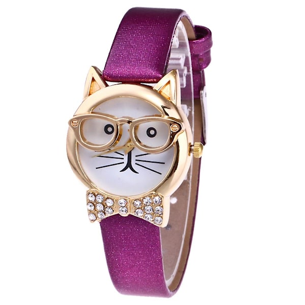 Söt Kattansikte Rund Urtavla Strass Konstläder Analog Quartz Armbandsur[HK] Purple