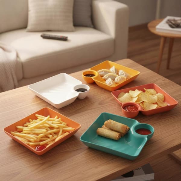 4-pack dumplingtallrik med såshållare, okrossbar förrättsbricka, stapelbar [YJD]