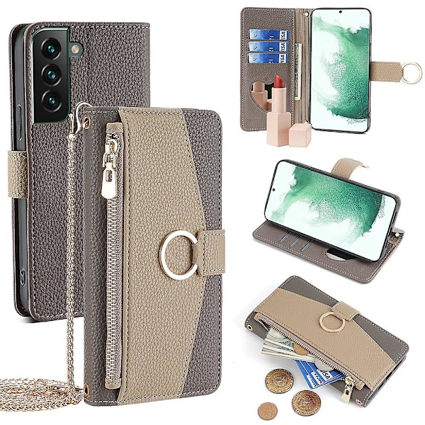 Til Samsung Galaxy S22+ 5G Lynlåslomme Etui PU Læder Crossbody Telefon Cover Wallet - Hvid[HK] Grey Style C Samsung Galaxy S22+ 5G