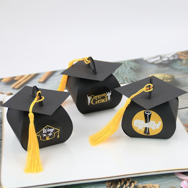 24 stk. Graduationssødeæsker, Doktorhat Formet Gaveæske Sort Graduation Celebration Treat Sød Biscuit Chokolade Sød Æske Med Gul (YJD) 24pcs