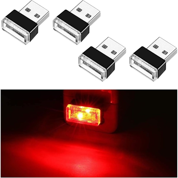 4 stk USB LED Bil Interiør Atmosfærisk Lampe, Bærbar Mini LED Natlys, Plug-in USB Interface Bagagerums Ambientebelysningssæt (rød)