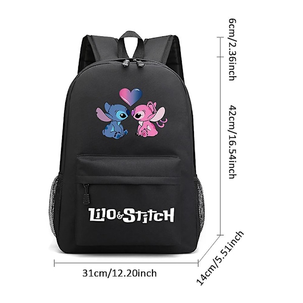 Disney Lilo & Stitch Cartoon Ryggsäck för Skolan, Lätt Vattentät Ryggsäck Casual Dagryggsäck för Mellanstadiet Tonårspojkar Flickor [kk] Black