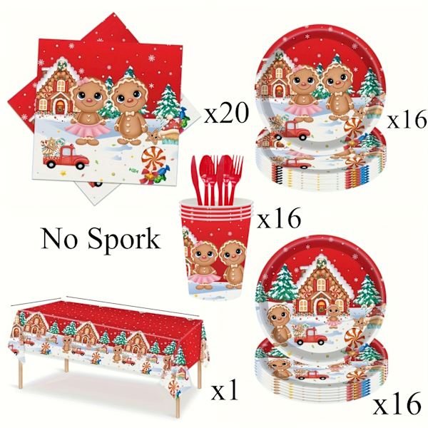 Piparkakkujoulujuhlat - 69 osan setti paperilautasilla, -liinoilla, -kupeilla ja pöytäliinalla 16 vieraalle - Täydelliset juhlavarusteet lomajuhliin (YJD) gingerbread man paper plate 69pcs