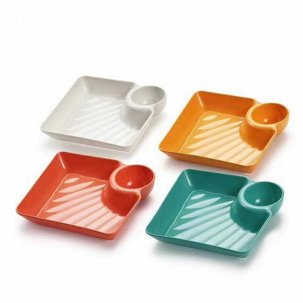 4-pack dumplingtallrik med såshållare, okrossbar förrättsbricka, stapelbar [YJD]