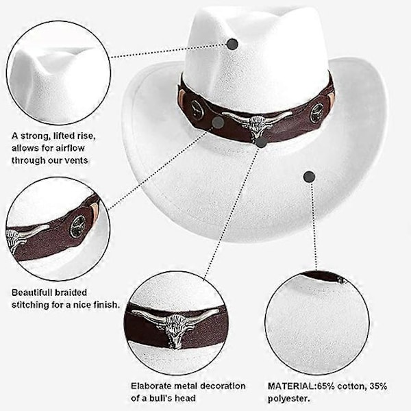 Klassinen Cowboy-hattu miehille, leveälierinen cowboy-hattu naisille, Western Cowboy -tyylinen hattu [HK] White