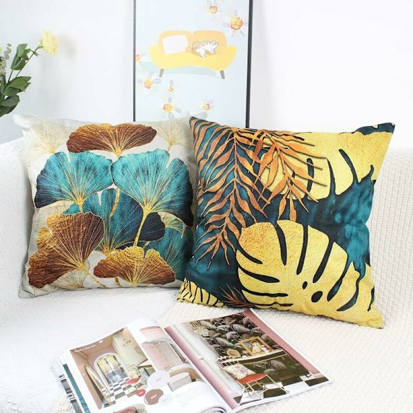 Sett med 4 45x45 cm firkantede putetrekk i grønt og gullblader bomulls sofa putetrekk for putevar D