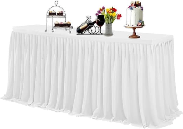 Vit 14ft Polyester Bordskjol Dekorativ Bordsduk för Bröllop, Fester, Firanden, Evenemang, Passar 2.5ft x 4ft Bord[YJD]