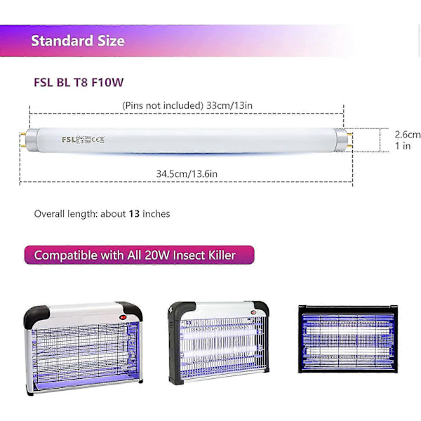 Fsl T8 F10w Bl Erstatningspære - UV-rør for mygg-/insektfellelampe (2 stk.) TY[YJD]