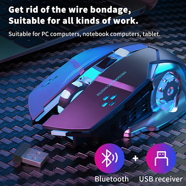 Genopladelig Trådløs Mus Gaming Computer Støjsvag Bluetooth Mus USB Mekanisk E-Sports Baggrundslys PC Gamer Mus Til Computer(YJD) WHITE