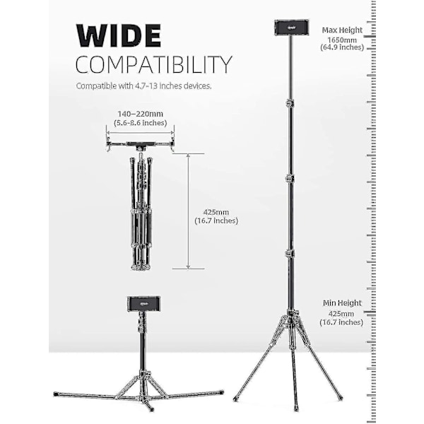 iPad Stativ, Gulv Stativ for Tablet 65\" iPad Holder Mount med Justerbar Høyde Kompatibel Live Stream/Seing, Kompatibel iPad Pro 12.9/11, Air M