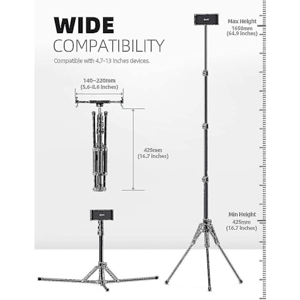 iPad Tripod Stativ, Tablet Gulvstand 65\" iPad Holder Montering Med Justerbar Højde Kompatibel Live Stream/Se, Kompatibel iPad Pro 12.9/11, Air M