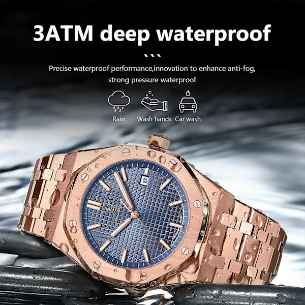 \"Lyxig Affärsklocka för Män Sport Rostfritt Stål Herrklocka Vattentät Lysande Datum Herrklockor Quartz Klocka reloj\"[HK] Rose Gold Black