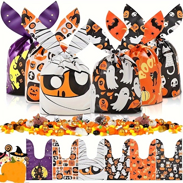 100 stk Halloween Trick or Treat Goodie Bags med 6 unike design for festlige partygaver (YJD) pumkin