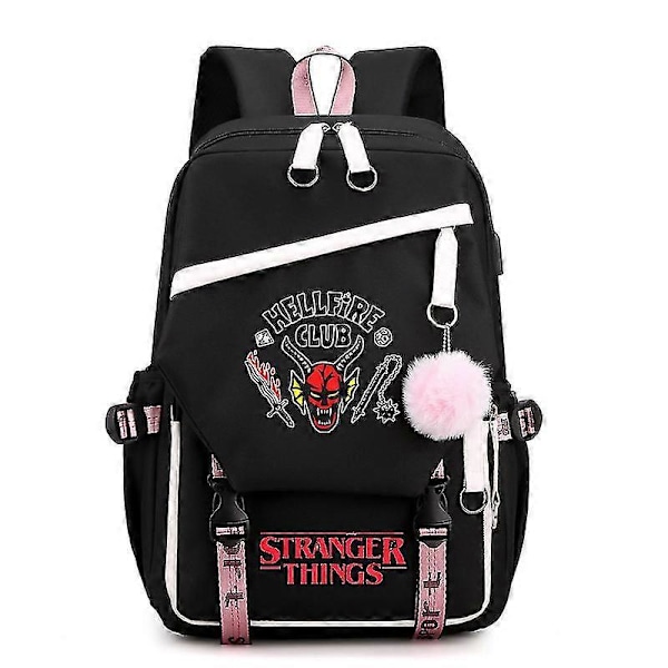 Stranger Things Hellfire Club Skolebag med Stor Kapasitet USB-Lading Ryggsekk Skulderbag - C_v (YJD) Style 3