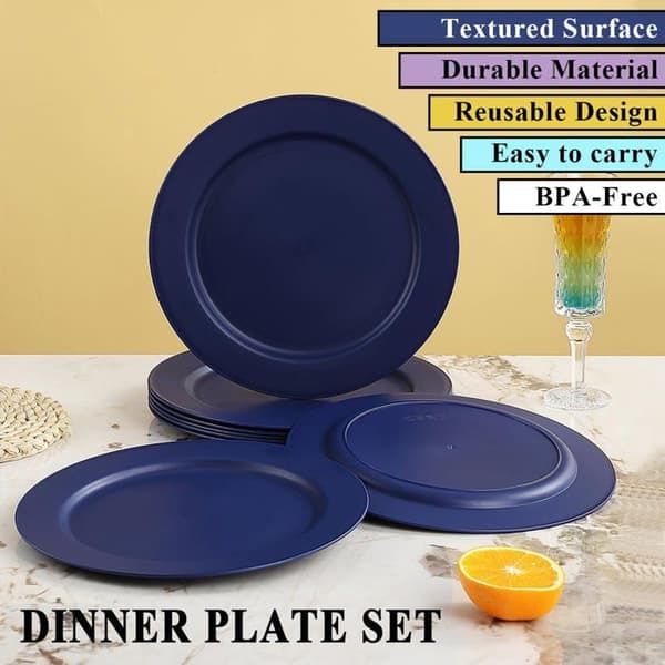 Återanvändbara plasttallrikar - DOK - Blå - 8 delar - 25 cm - Flata tallrikar - Salladstallrikar - Pastatallrikar (YJD)