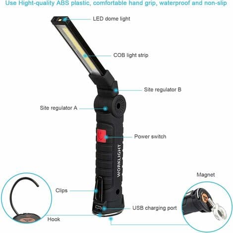 Sett med 2 oppladbare COB arbeidslamper – Magnetisk base – 5 lysmoduser – For byggeplasser og trange rom