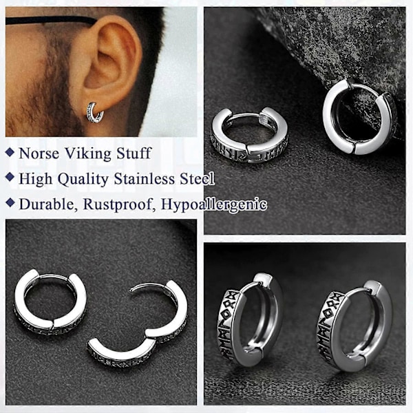 Norse Viking Runer Hoop Øreringe Til Mænd Kvinder 12mm Huggie Hoops Med Delikat Gaveindpakning[HK] silver