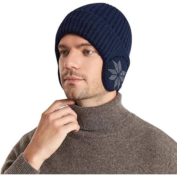 Vinterfleeceforede øreklaffhatter for menn kvinner Marineblå Kaldt vær Varm polyester Snø Utendørs Elastisk Tykk[YJD]