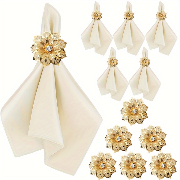 12-delad elegant satinservett- och ringset - Mjukt tyg, dekorativa blommringar för bröllop, helgdagar och speciella tillfällen (YJD) Champagne