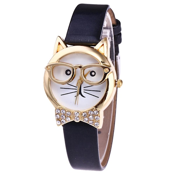 Sød Katteansigt Rund Urskive Rhinestone Kunstlæder Analog Quartz Armbåndsur[HK] Black