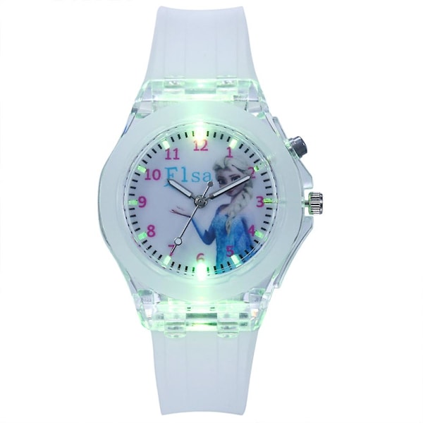 Jente Frozen Anna Elsa Tegneserie Silikon Klokke Lysende Led Blinkende Barn Gave (YJD) Elsa White