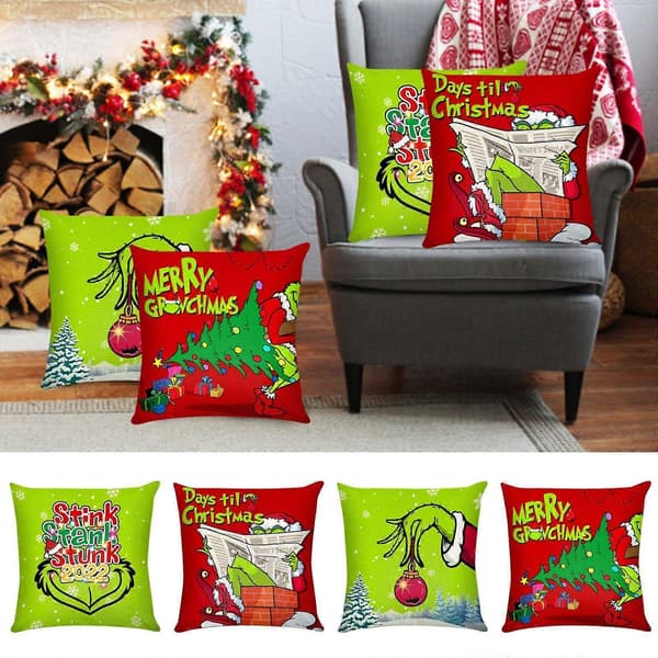 Festive 18x18\" Grinch julepudebetræk sæt med 4 - Holdbare, maskinvaskbare, perfekt julepynt![YJD]