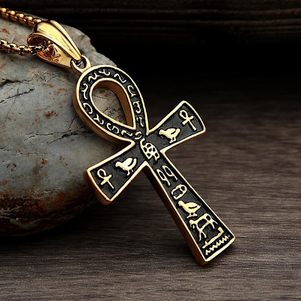 Fashion Forntida Egyptiska Ankh Kors Halsband För Män Rostfritt Stål Guld Färg/ Silver Färg Biker Hänge Amulett Smycken  (YJD) Black Pendant Only