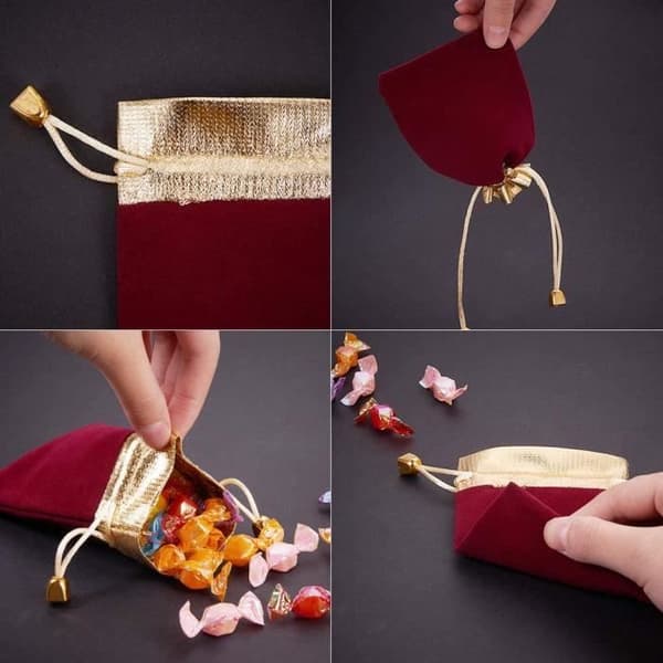 Lahjapussit - 20 kpl - Tummanpunainen sametti - 10x12 cm - Kiristysnyöri (YJD)