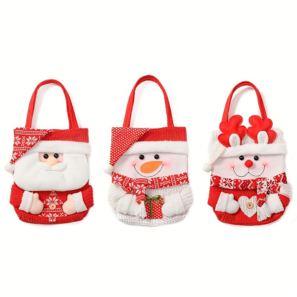 Jouluaiheinen lahjakassisetti, 3 kpl - Jouluaiheiset piirroskuviot - Joulupukki, Lumimies, Poro - Joulumakeisten ja omenoiden kassin setti (YJD) 3 gift bags