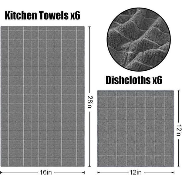 Køkkenhåndklæder - PZCC - Pakke med 12 - Bløde - Absorberende - Grå mikrofiber (YJD)