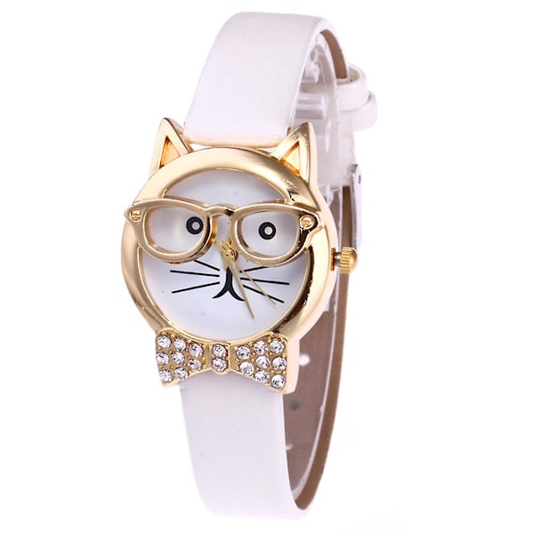 Söt Kattansikte Rund Urtavla Strass Konstläder Analog Quartz Armbandsur[HK] White