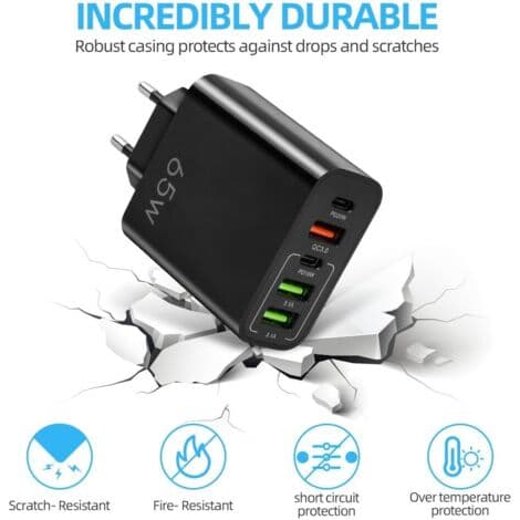 65W Hurtig USB-C Oplader – 5 porte: 2 USB-C PD20W, 2 USB, 1 QC 3.0 – Samtidig opladning til iPhone, MacBook, Galaxy (Sort)[YJD]