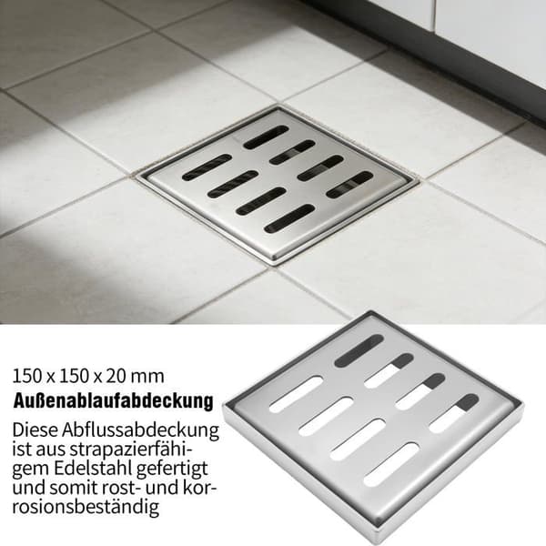Dækplade i rustfrit stål 150x150x20mm, firkantet udendørs afløbsrist. (YJD)