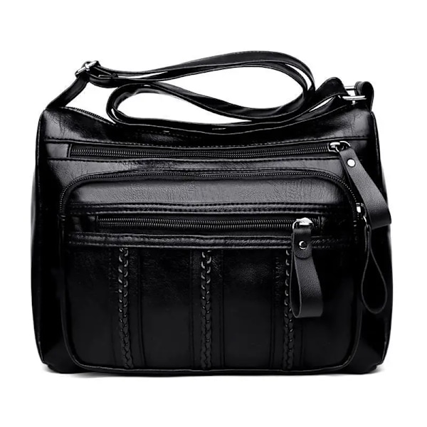 Damväska i mjukt läder med flera lager, trendig enkel axelremsväska, rymlig crossbody-väska Black