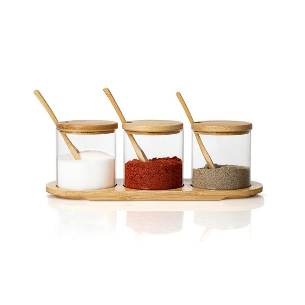 300 ml glasburkar med lock och bambu-skedar - Set med 3 glasburkar för kryddor med bas - för kryddor, salt, socker och örter