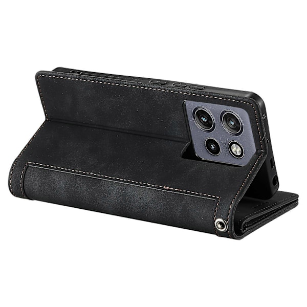 Til Motorola Edge 50 Neo 5G Etui PU Læder Telefon Cover med Lynlås Pung 9 Kort Slots[HK] Black