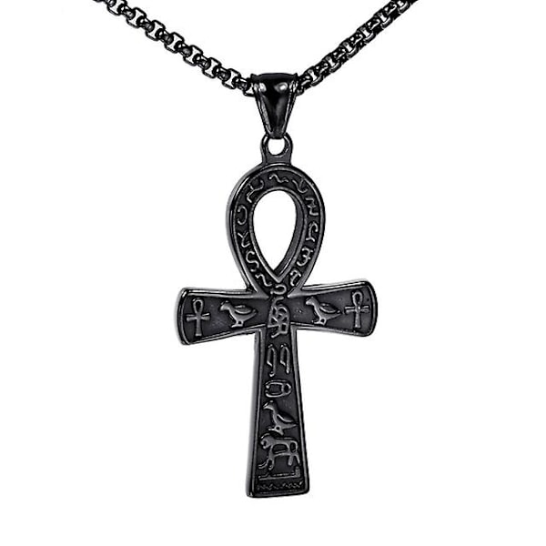 Mote Ankh Korskjede i Antikk Egyptisk Stil for Menn - Rustfritt Stål Gullfarget/Sølvfarget Biker Smykke Amulet (YJD) Black Pendant Only