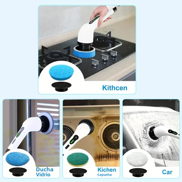 Elektrisk rengöringsborste, roterande golvskrubb, sladdlös, utbytbar, 7 borstmunstycken, 1 set White