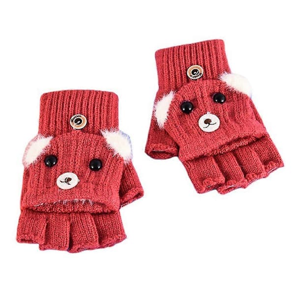 Tecknade Hundhandskar Halvfingerhandskar med Flipptopp Vinterstickade Handskar Stretchiga Djurvantar Elastiska Varma Vantar[YJD] Wine Red