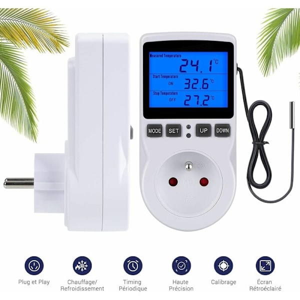 Termostat Stikkontakt, Terrarie Termostat med LCD Display og Sonde, Digital Temperaturregulator Termostat Opvarmning Køling