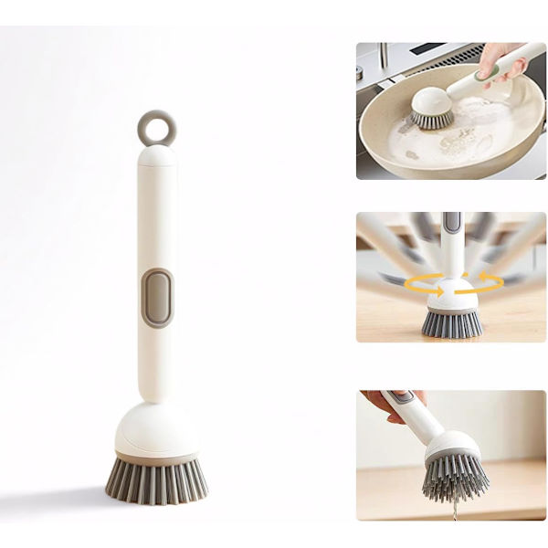 Dish brush with rotating handle for soap dispensing, kitchen brush with hook, white