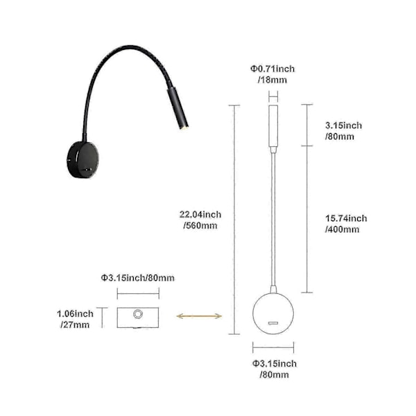 Svanehalslampe Sort, 3w Led 3000k Varmt Hvid Natbordslæselampe Væghængt