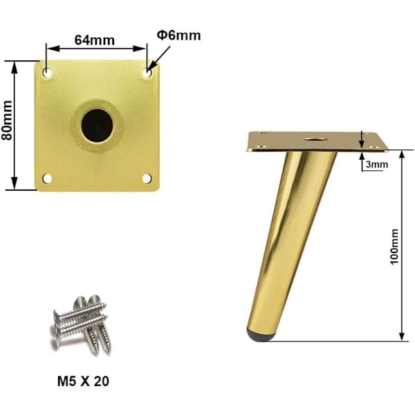 4 stk. Skrå Bordbein Metallskapbein, Kjeglemøbelbein, 201 Rustfritt Stål, Gull, 10 cm Høyde, B