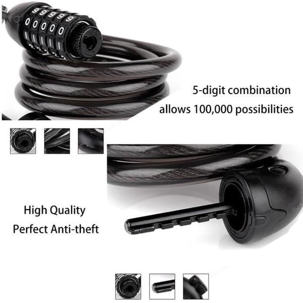 Ecent Kombinationscykellåskabel - 5 Cifre 1,2m - Sort - Til Fritidscykler [YJD][YJD] Black